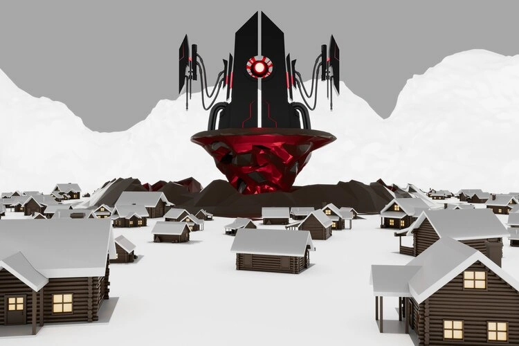 3d model scene rendered in maya. its a snowy mountain scene. in the middle there stands a black and red glowing obelisk with wires and an eye with vessel like structures attached to its industrial machinery parts on a floating island of rock. surrounding the obelisk is a town of snow cabins