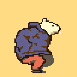 2d animation gif of a jumping pixel polar bear wearing a blue puffer, red pants, and brown shoes. it jumps heavily with effort