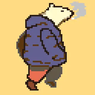 2d animation gif of a pixel polar bear wearing a blue puffer, red pants, and brown shoes. he struts in a powerful stride facing the right smoking a cigarette and breathing up and down