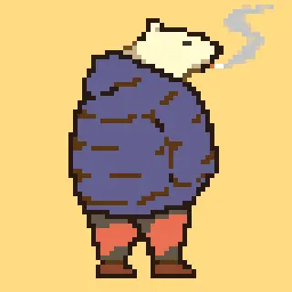 2d animation gif of a pixel polar bear wearing a blue puffer, red pants, and brown shoes. he smokes as he stands idle
