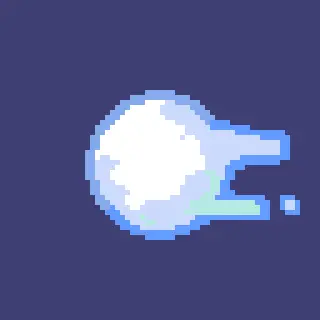 2d animation gif of a pixel snowball flying through the air. it rotates before splatting