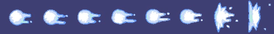 2d animation sprite sheet of a pixel snowball flying through the air. it rotates before splatting.