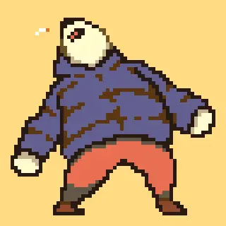 2d animation gif of a pixel polar bear wearing a blue puffer, red pants, and brown shoes.  stumbles back and the cigarette flies out of his mouth. he recovers and puts one back in his mouth.