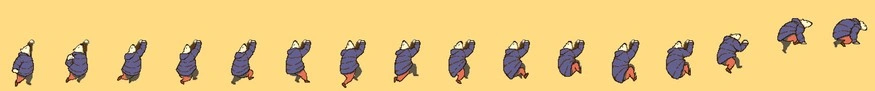 2D sprite sheet of an jump animation of a polar bear wearing blue puffer, red pants, and brown shoes. it jumps heavily with effort