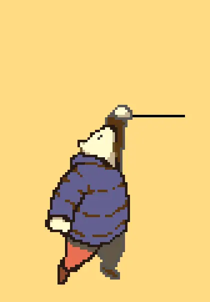 2d animation gif of a jumping pixel polar bear wearing a blue puffer, red pants, and brown shoes. it jumps heavily with effort