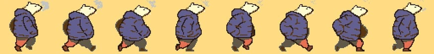2D sprite sheet of an walk/run animation of a pixel polar bear wearing a blue puffer, red pants, brown shoes. he struts in a powerful stride facing the right smoking a cigarette and breathing up and down