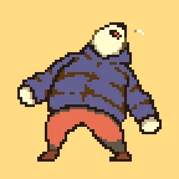 2d animation gif of a pixel polar bear wearing a blue puffer, red pants, and brown shoes.  stumbles back and the cigarette flies out of his mouth. he falls to the ground and gets back up, recovers and puts one back in his mouth.