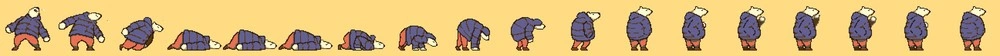 2D sprite sheet of a down and up of a polar bear wearing a blue puffer, red pants, and brown shoes. it stumbles back and the cigarette flies out of his mouth. he falls to the ground and gets back up. he recovers and puts one back in his mouth.