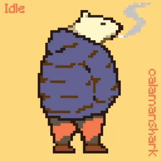 2d animation show case of a pixel polar bear wearing a blue puffer, red pants, and brown shoes. he smokes as he stands idle, walks, runs, and jumps
