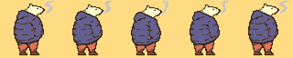 2D sprite sheet of an idle animation of a pixel polar bear wearing a blue puffer, red pants, brown shoes. he stands still facing the right smoking a cigarette and breathing up and down
