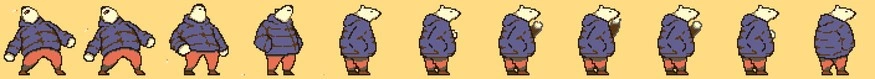 2D sprite sheet of a take damage animation of a polar bear wearing a blue puffer, red pants, and brown shoes. it stumbles back and the cigarette flies out of his mouth. he recovers and puts one back in his mouth.