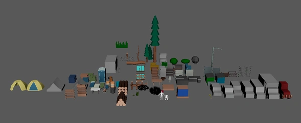 line up of 3d model assets used for a video game level design layout
