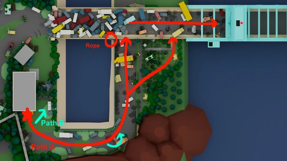 top down annotated view of the bridge portion of a level design layout for a video game