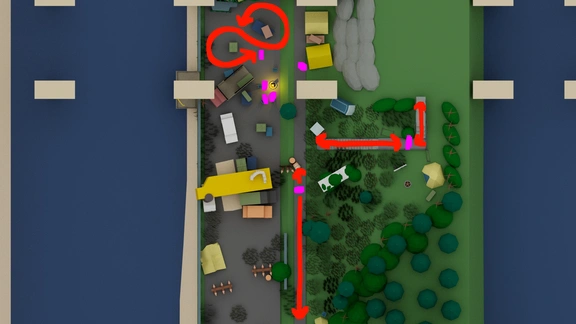 top down annotated view of the first enemy portion in the underpass combat/stealth area protion of a level design layout for a video game