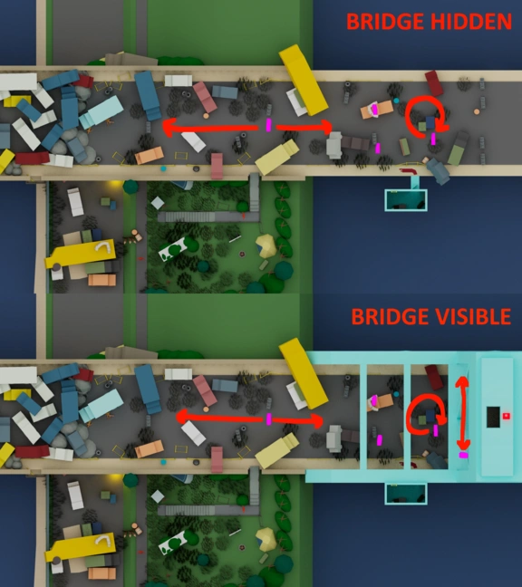 Top-down view of enemy paths at the bridge combat/stealth area protion of a level design layout for a video game