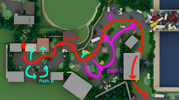 top down view of the main street in the video game level design layout