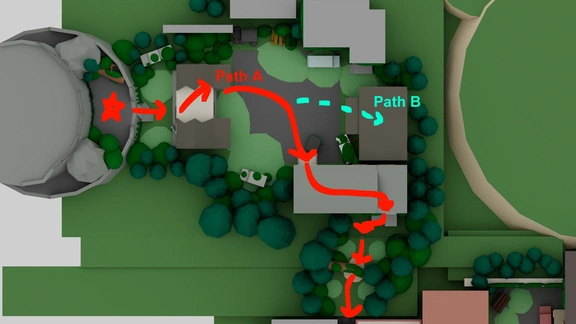 top down annotated view of the neighborhood portion of a level design layout for a video game