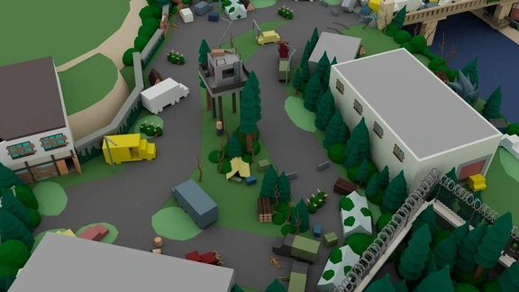 Perspective view of the second half of the main street of the video game level design layout