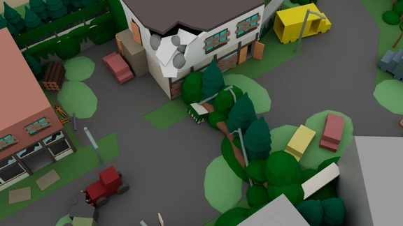 perspective view of a fallen tree blocking part of the main street in the video game level design layout