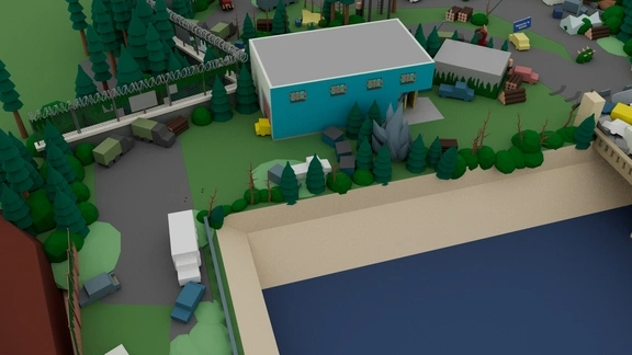 Perspective view of the path leading to the bridge underpass and bridge in the video game level design layout