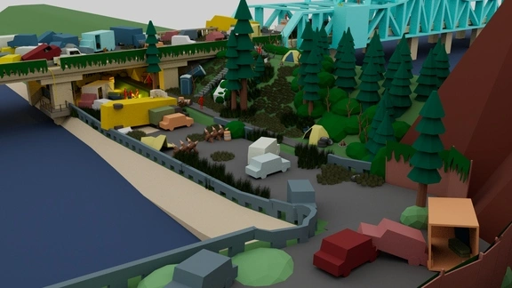 perspective shot of the first half of the combat beat of a level design layout for a video game