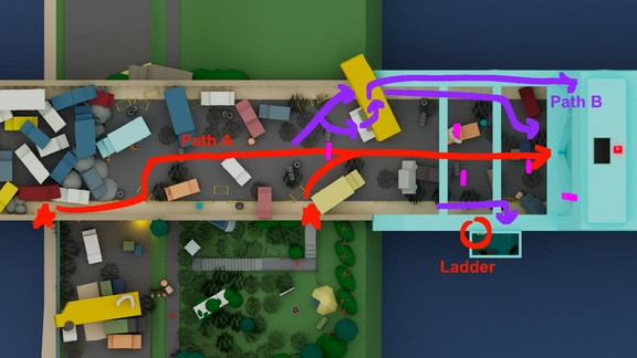 Top-down view of potential player paths at the bridge combat/stealth area protion of a level design layout for a video game