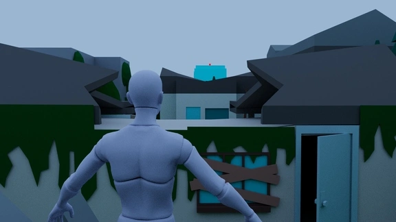 player perspective view from the beginning or starting point of the video game level design layout