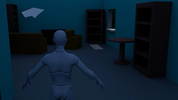 player perspective showing the hall in the wall of a dark apartment where the beacon from the bridge shines through, and the window to progress to the next area is shown by the light of outside