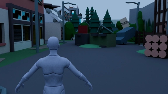 player perspective view of the watch tower from outside the alley of the video game level design layout