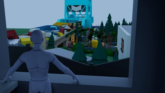 Player view looking outside the watchtower in the video game level design layout