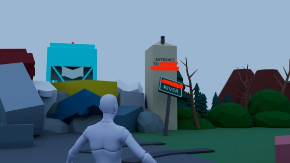 Player view of the entrance of The Bridge in the video game level design layout