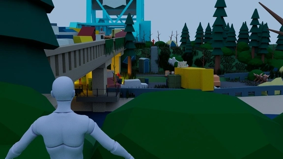 Player view of the marauder camp from the other side of the river in the video game level design layout