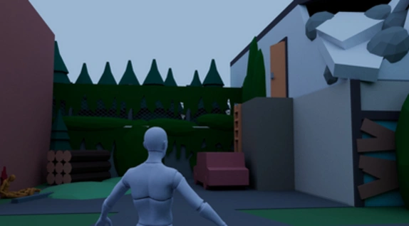 Player view of the entrance to the paper building in the video game level design layout
