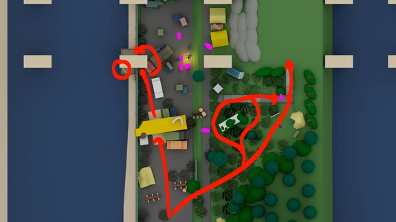 Top-down view of potential stealth player paths at the bridge underpass combat/stealth area protion of a level design layout for a video game