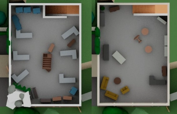 Player view of the entrance to the paper building in the video game level design layout