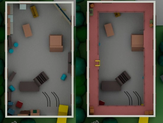 Top-down view of the inside of the warehouse in the video game level design layout
