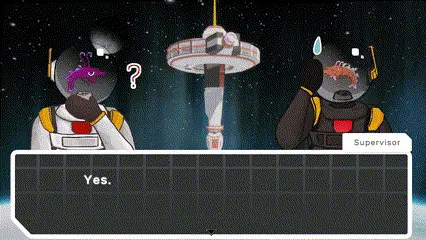 gif of narrative-based vehicle traversal game vestige. 2d sprite dialogue between two characters along with animations for each time they speak plays. in the background is a spaceship, space, the characters are wearing space suits.