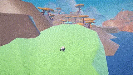 gif of narrative-based vehicle traversal game vestige. player drives a vehicle in third person over a vast and scenic expanse of a post humanity earth comprised of submerged islands and new flora
