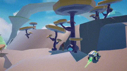 gif of narrative-based vehicle traversal game vestige. player drives a vehicle in third person. player has the vehicle dash and glide over rough and high terrain in a vast and scenic expanse of a post humanity earth comprised of submerged islands and new flora