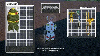 gif of narrative-based vehicle traversal game vestige. the player manages the items they pick up by fitting it into a uniquely spaced inventory where items are certain shapes that can fit within the grids of the inventory UI box