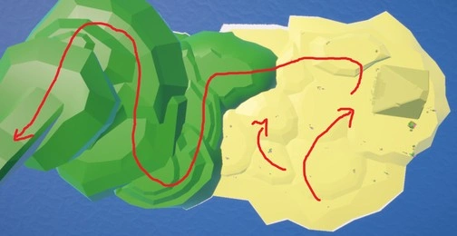 overview image of island five of narrative-based vehicle and exploration game vestige. this area is first a dessert dune with a pyramid and many cacti. the player must get past the dune and up the grassy mountainous hill over the arch to the original island