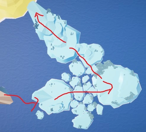 overview image of island four of narrative-based vehicle and exploration game vestige. this area comprises of large ice island pieces that the player must jump and dash through. there are lots of gaps and the ground is slippery.