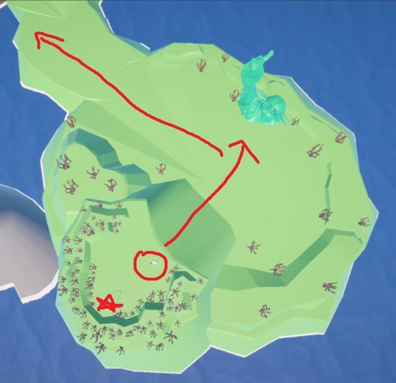 overview image of island one of narrative-based vehicle and exploration game vestige. this green flat plain island with branch-like trees is the starting point for the player and houses the statue of liberty as a relic lost to time