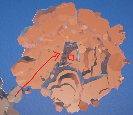 overview image of island three of narrative-based vehicle and exploration game vestige. this rocky and narrow mountainous area is populated by red vines and rock structures. part of the eiffel tower is submerged in its center. an important piece of the ship required to complete the game is also at this island