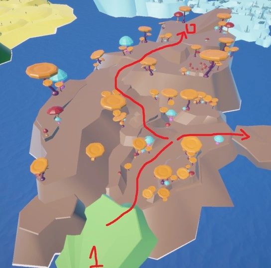 overview image of island two of narrative-based vehicle and exploration game vestige. this relatively flat with hilly elevated areas is populated with unnaturally colorful mushrooms of various sizes from small to gigantic. this island is connected to two other islands through possible pathways