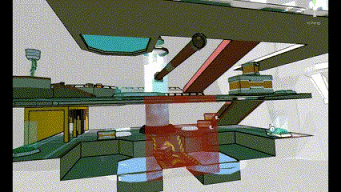 gif of an overview of arena 3, which is an industrial scientific building in ZOOM a doom-like shooter video game