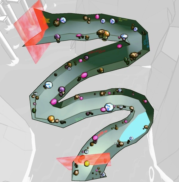 image overview of arena 4 in a level of zoom, a doom-like shooter video game. the arena is a windy tunnel inside a mountain with several mushrooms populating the area