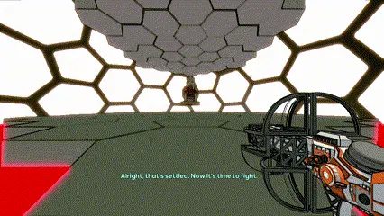 gif of doom-like shooter game zoom boss encounter in the hexagonal boss room, the hexagonal tiles change the layout of the arena