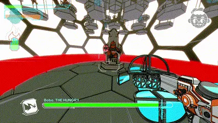 gif of doom-like shooter game zoom boss encounter, the boss is attacking using a wide ring shaped aoe burst attack that the player must jump over