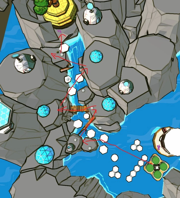 image overview the final stretch of zoom, a doom-like shooter video game. the area features hexagonal puzzles, bridges, a waterfall, and assortment of animal enemies